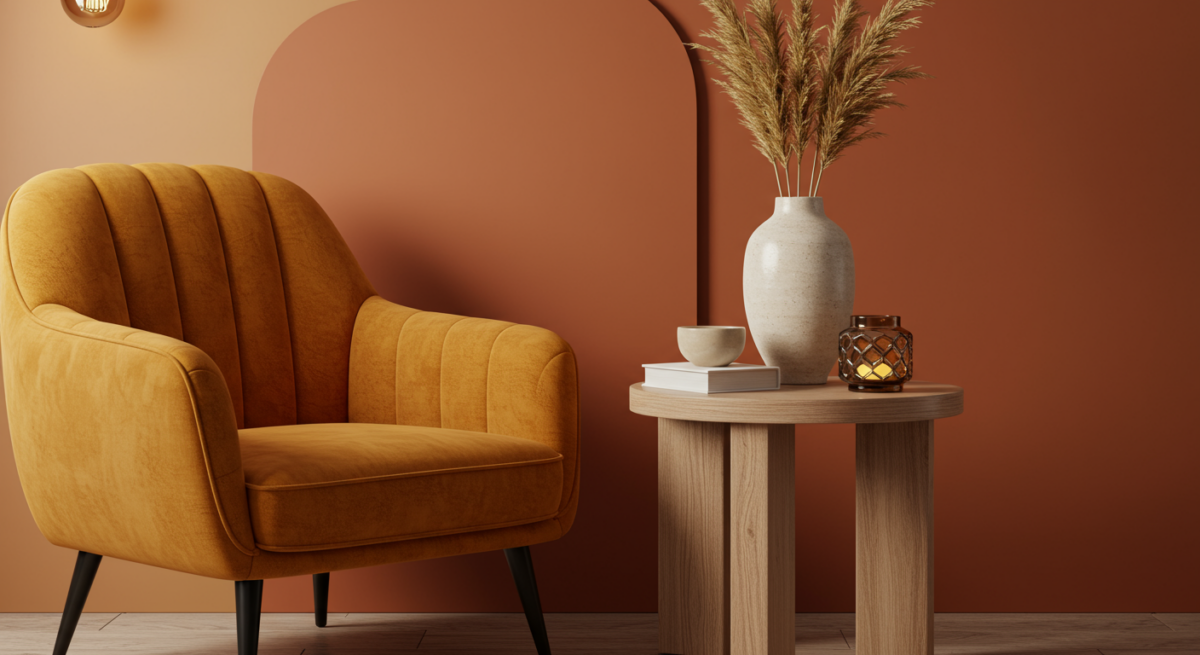 Fauteuil ocre et mur terracotta dans un salon contemporain